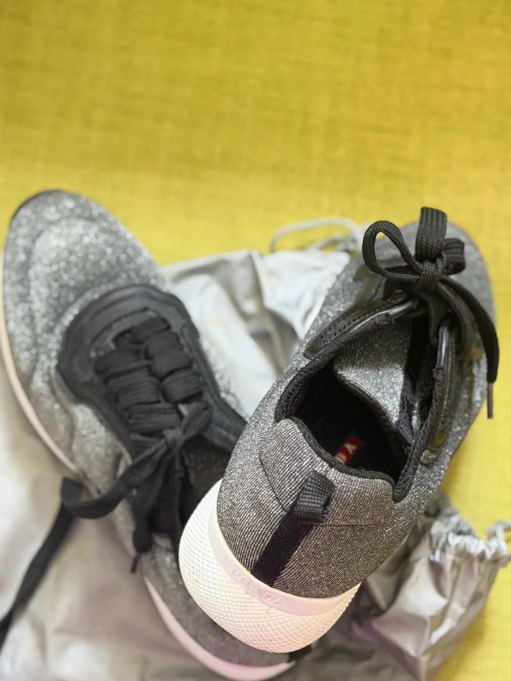 Prada Silver Glitter and Black Lace-Up Sneakers